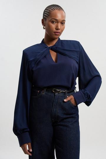 Plus Size Ponte And Georgette Mix Balloon Sleeve Cut Out Detail Top navy