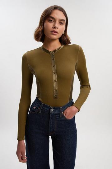 Luxe Viscose Rib Jersey Crew Neck Satin Detail Bodysuit khaki