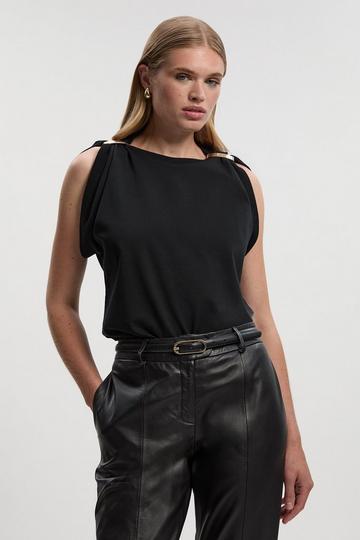 Cotton Trim Detail Short Sleeve Ruched Tshirt black