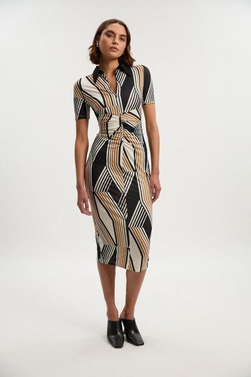 Geo Print Crepe Collared Midi Dress black