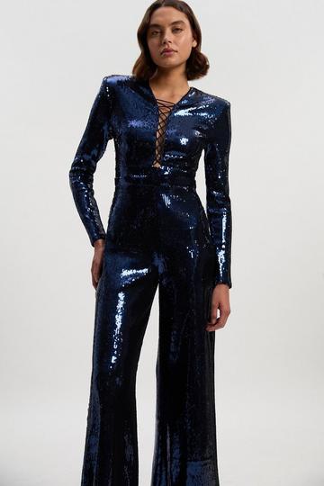 Petite Sequin Power Mesh Lace Up Detail Long Sleeve Jumpsuit navy