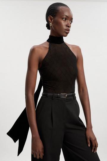 Mesh With Velvet Bow Neck Detail Halter Neck Bodysuit black