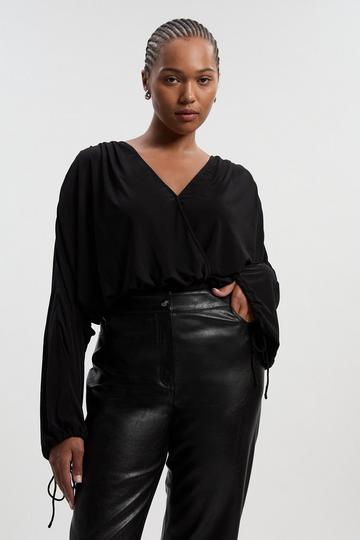 Plus Size Stretch Drapey Crepe Ruched Plunge Neck Batwing Sleeve Bodysuit black