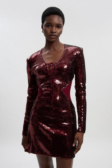 Tall Sequin Power Mesh Lace Up Mini Dress burgundy