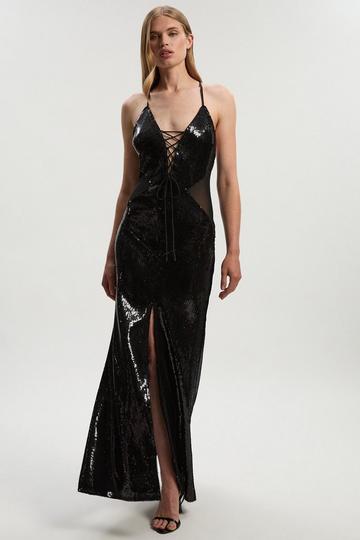 Sequin Power Mesh Lace Up Front Halter Neck Split Detail Maxi Dress black