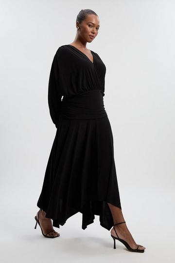 Plus Size Stretch Drapey Crepe Ruched Plunge Neck Batwing Sleeve Maxi Dress black