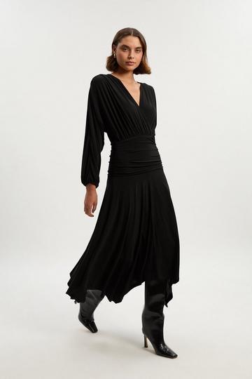 Black Stretch Drapey Crepe Ruched Plunge Neck Batwing Sleeve Maxi Dress