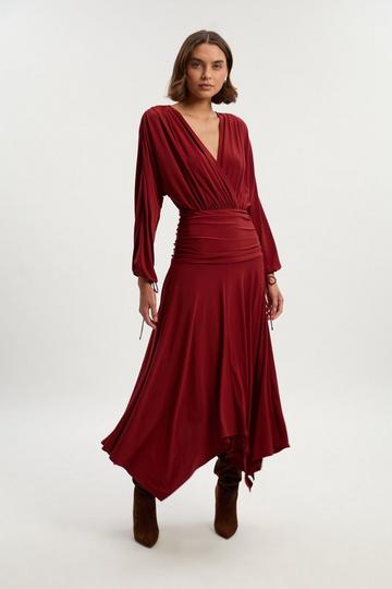 Stretch Drapey Crepe Ruched Plunge Neck Batwing Sleeve Maxi Dress rust
