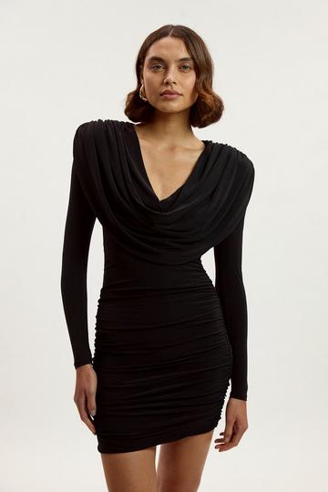 Stretch Drapey Crepe Ruched Plunge Neck Long Sleeve Mini Dress black