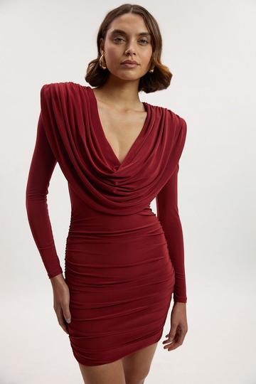 Stretch Drapey Crepe Ruched Plunge Neck Long Sleeve Mini Dress rust