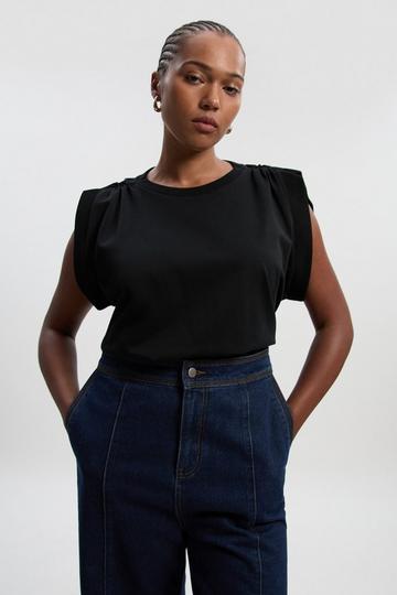 Plus Size Cotton Trim Detail Short Sleeve Ruched Tshirt black