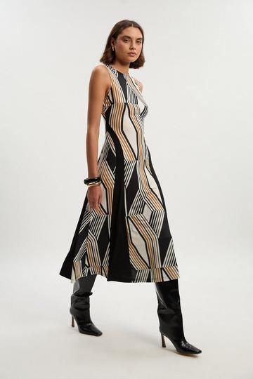 Black Geo Print Crepe Pleated Maxi Dress