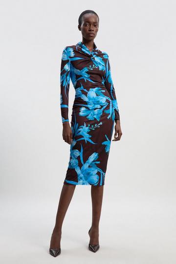 Floral Print Crepe High Neck Midi Dress blue