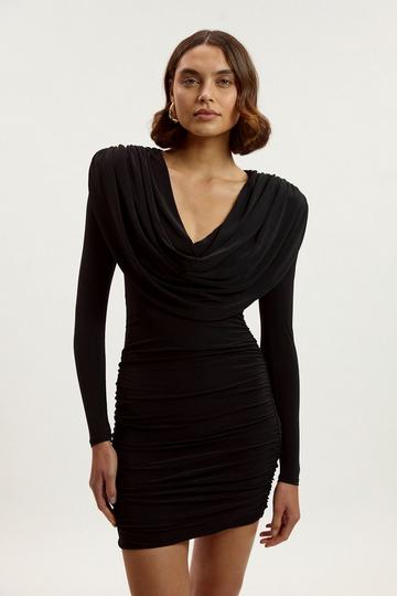 Tall Stretch Drapey Crepe Ruched Plunge Neck Long Sleeve Mini Dress black