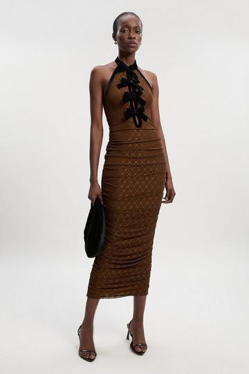 Mesh With Velvet Bow Trim Detail Halter Neck Midi Dress khaki