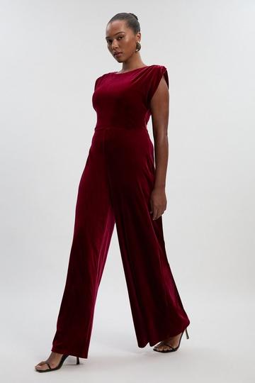 Plus Size Stretch Velvet Strong Shoulder Jumpsuit burgundy