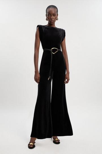 Stretch Velvet Strong Shoulder Jumpsuit black