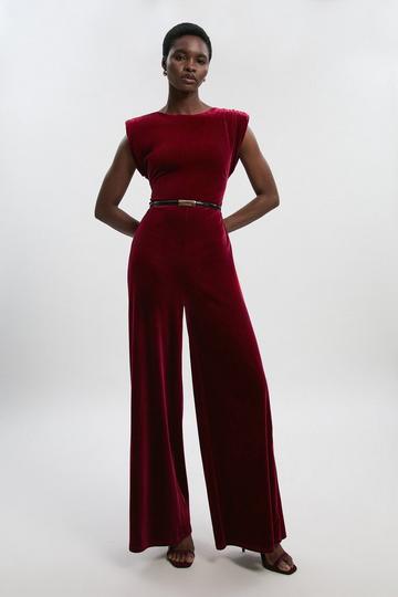 Petite Stretch Velvet Strong Shoulder Jumpsuit burgundy