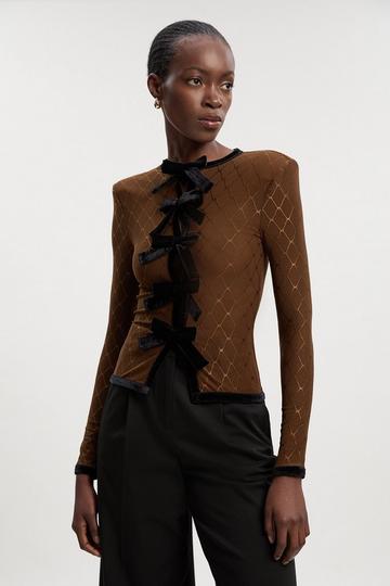 Mesh With Velvet Bow Trim Detail Crew Neck Long Sleeve Top khaki