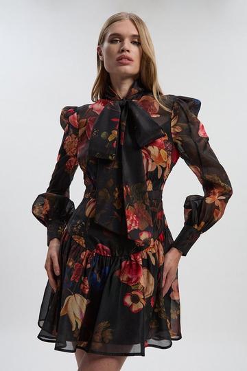 Floral Print Organdie High Neck Woven Mini Dress floral