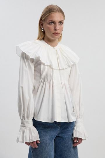 White Cotton Poplin Pleat Detail Woven Shirt
