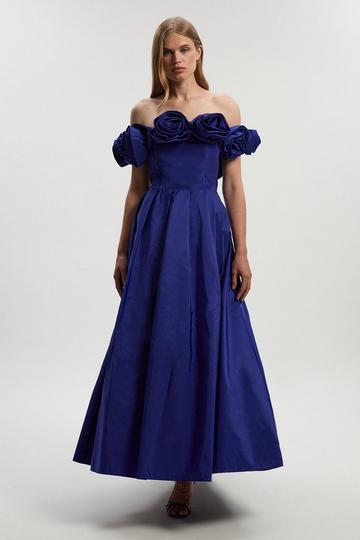 Drama Taffeta Rosette Woven Maxi Prom Dress navy