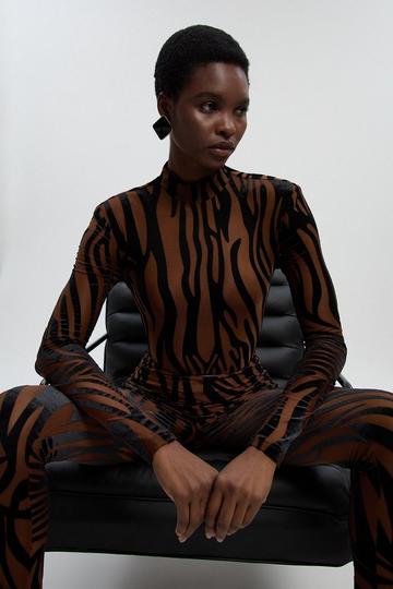 Animal Stretch Velvet Devore High Neck Catsuit rust
