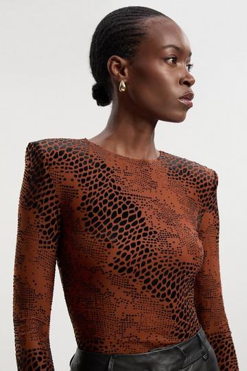 Animal Stretch Velvet Devore Crew Neck Bodysuit rust