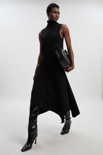 Black Stretch Drapey Crepe Ruched Hanky Hem Midi Skirt