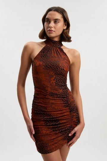 Animal Stretch Velvet Devore Halter Neck Mini Dress rust