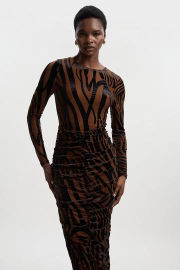 Animal Stretch Velvet Devore Midi Dress rust