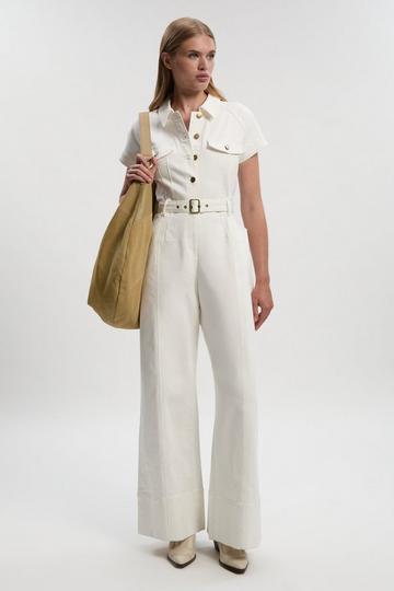 Denim Corset Waist Detail Wide Leg Jumpsuit cream