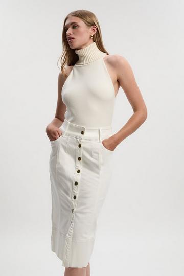 Denim Corset Waist Detail Pencil Skirt cream