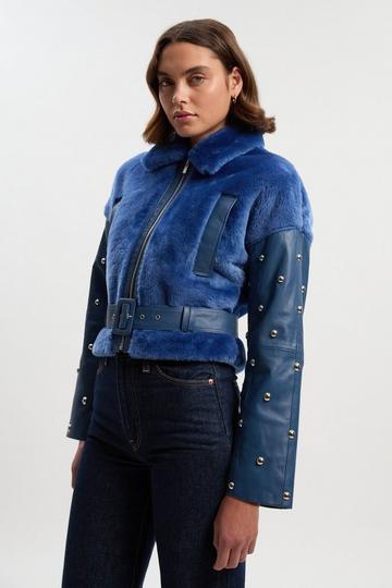 Shearling & Leather Mix Studded Biker Jacket pale blue
