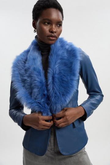 Blue Leather And Shearling Collar Blazer