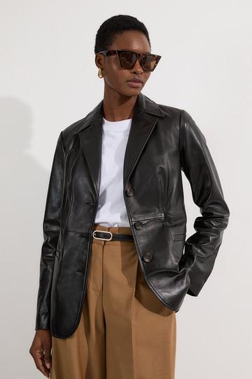 Leather Tailored Single Breasted Blazer black