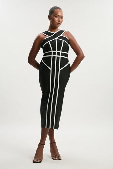 Plus Size Bandage Knit Contrast Cross Front Dress black