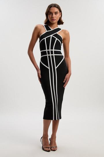 Black Bandage Knit Contrast Cross Front Dress