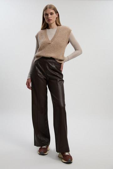 Faux Leather Seam Detail Wide Leg Tailored Trouser chocolate