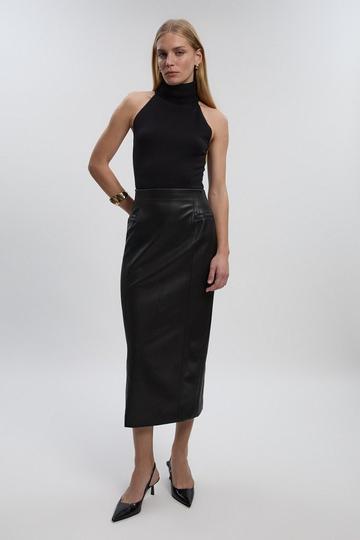Faux Leather Seam Waist Detail Pencil Midi Skirt black