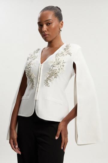 Bandage Form Fitting Cape Sleeve Embellished Jacket white