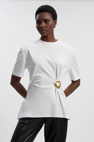 White Cotton Crew Neck Trim Detail Short Sleeve T-Shirt