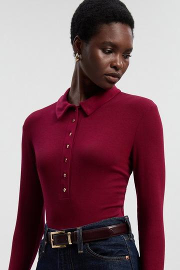 Viscose Rib Jersey Long Sleeve Collared Button Top burgundy