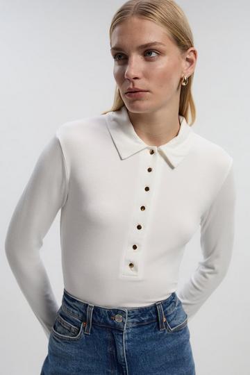 White Viscose Rib Jersey Long Sleeve Collared Button Top