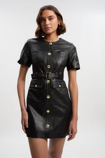 Black Leather Pocket Belted Mini Dress