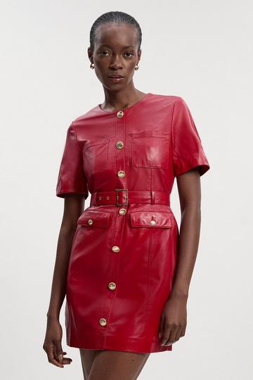 Red Leather Pocket Belted Mini Dress