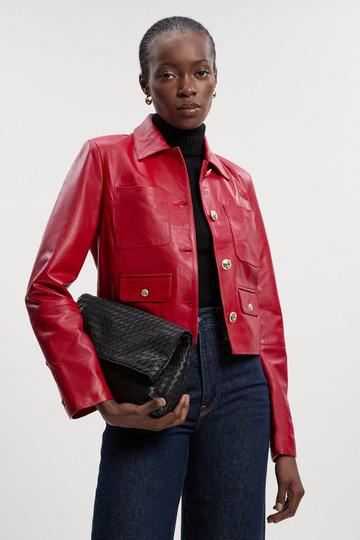 Red Leather Pocket Tailored Jacket