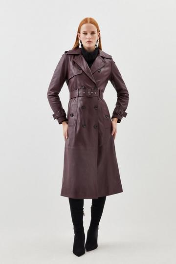 Leather Trench Belted Mac Midi Coat mulberry