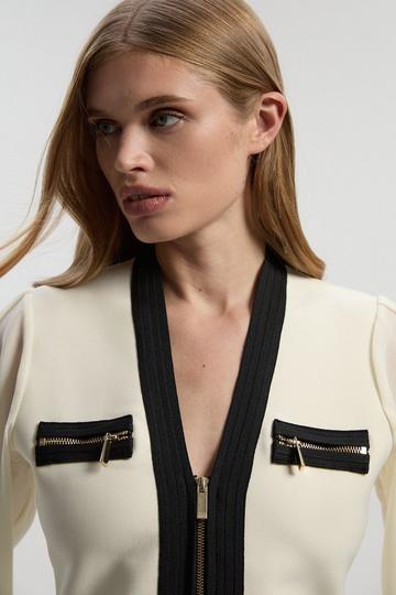 Cream White Chiffon Sleeve Zip Through Bandage Knit Top