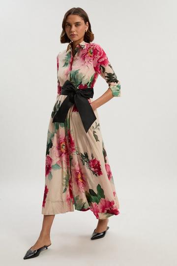 Silk Cotton Floral Print Woven Belted Maxi Shirt Dress floral